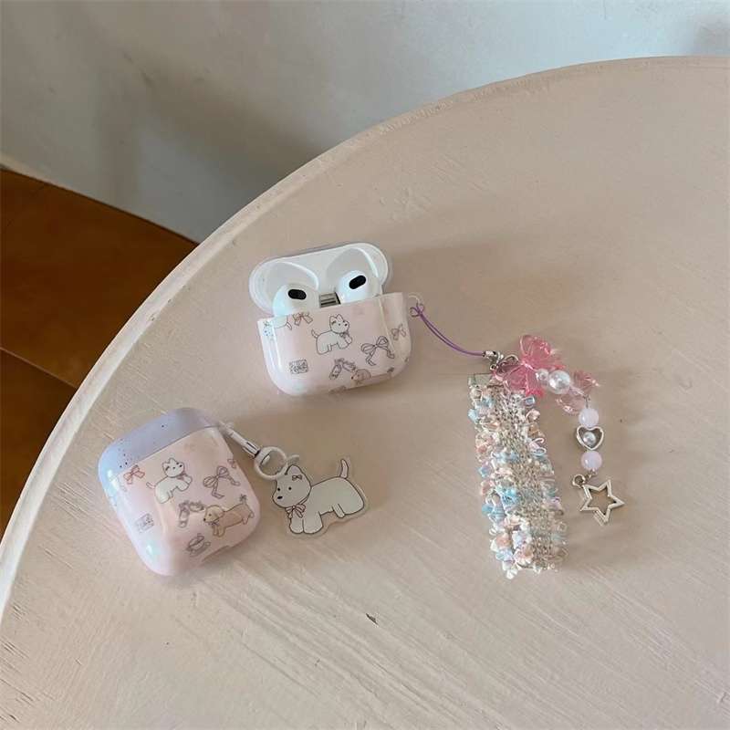 AirPodsproケース 子犬柄キラキラチャーム付きイヤホンケース
