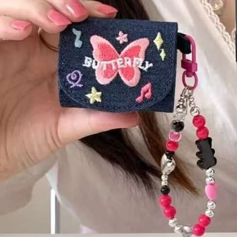 蝶々刺繍入りデニム風 AirPods/AirPodsproケース