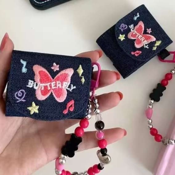 蝶々刺繍入りデニム風 AirPods/AirPodsproケース