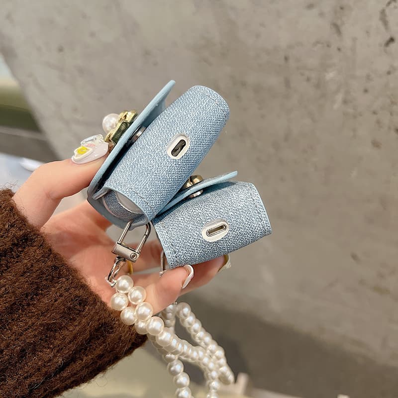 Airpodsケース 清楚パール付き花モチーフミニ財布風デザイン
