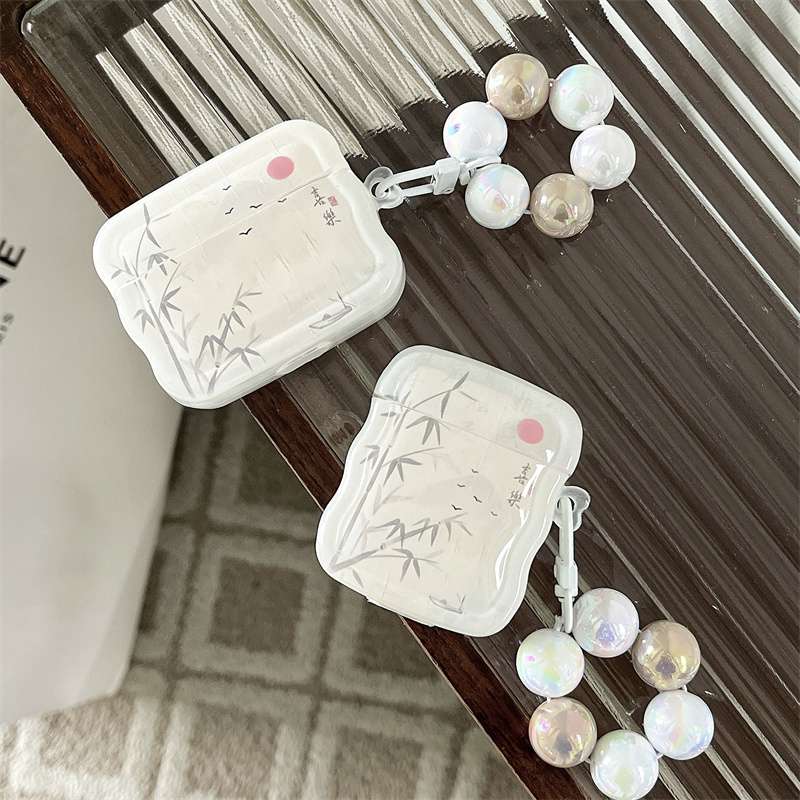 AirPodsproケース 和風竹林デザイン パールチャーム付きイヤホンケース