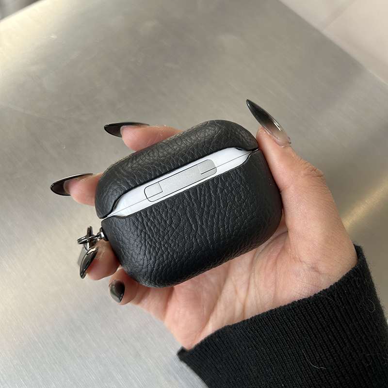 本革風 シンプル ブラック ストラップ付き AirPods/AirPodsproケース
