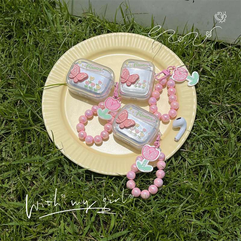 蝶々と花のAirPodsproケースと装飾ストラップ