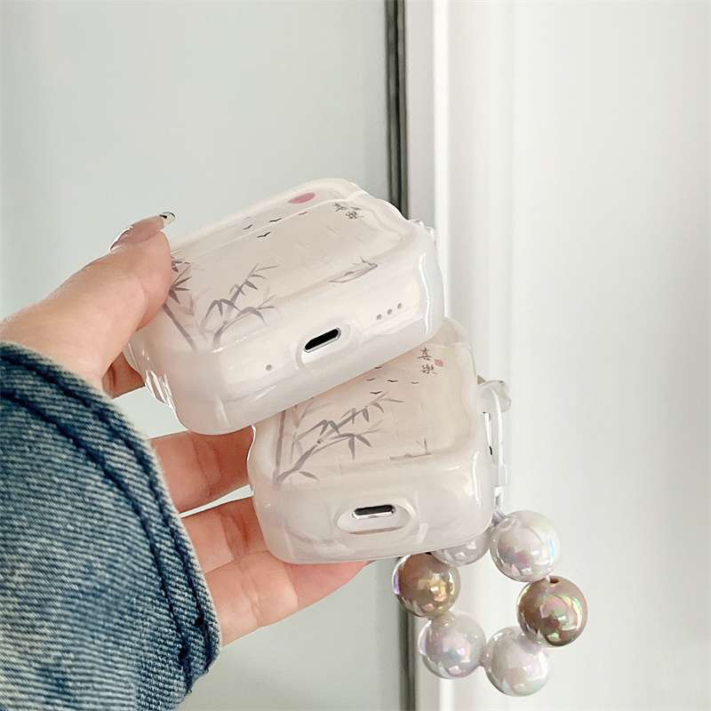 AirPodsproケース 和風竹林デザイン パールチャーム付きイヤホンケース