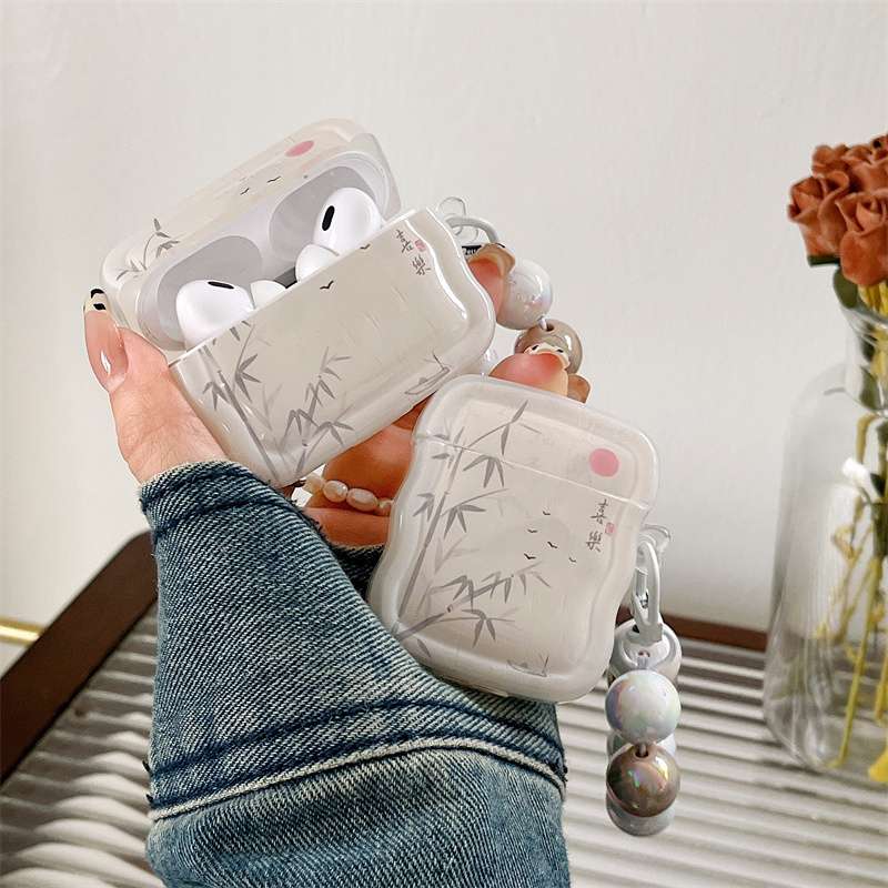 AirPodsproケース 和風竹林デザイン パールチャーム付きイヤホンケース