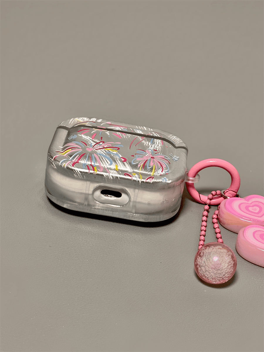 花火柄AirPodsproケース ハートチャーム付き AirPods ケース