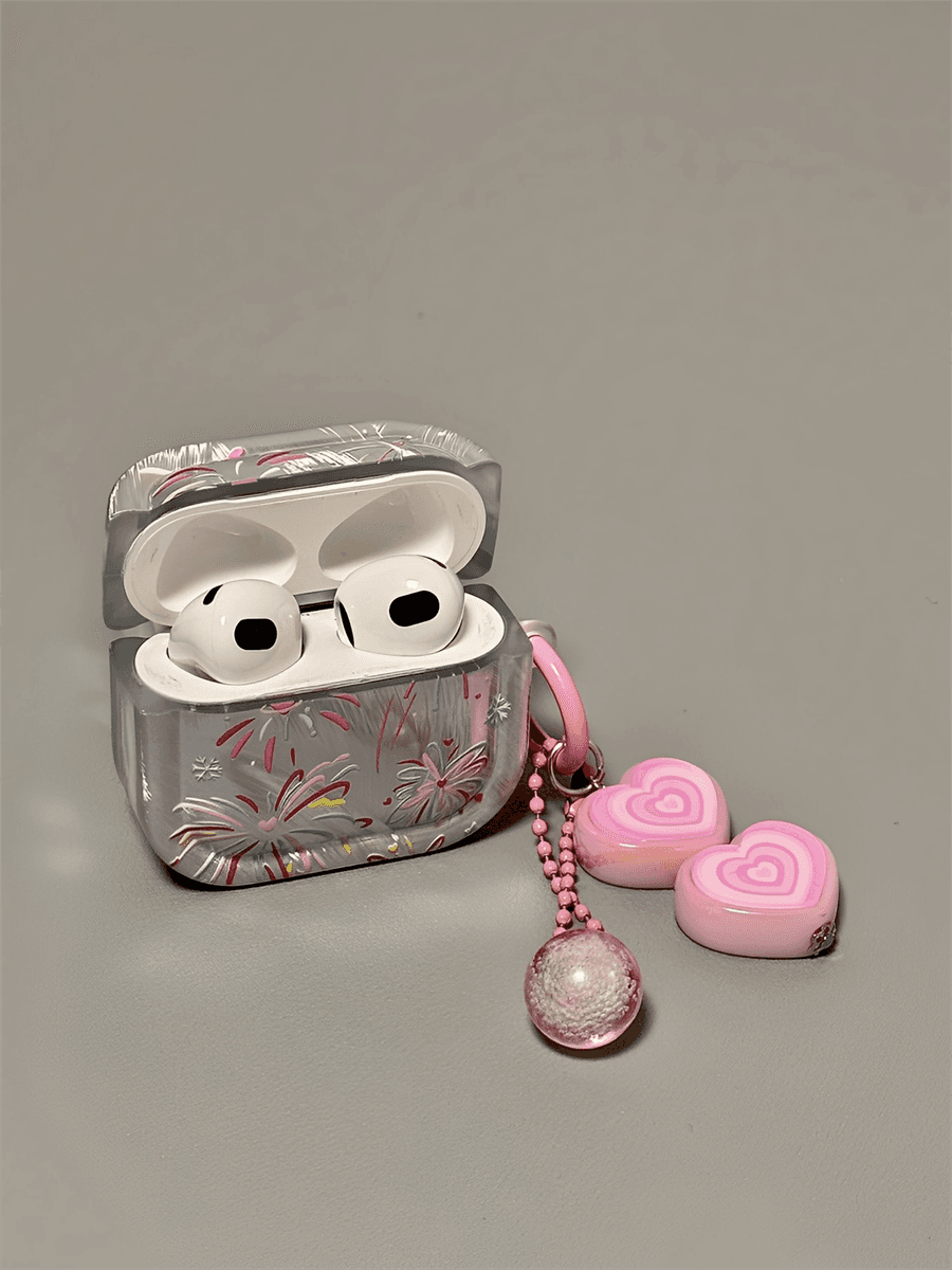 花火柄AirPodsproケース ハートチャーム付き AirPods ケース