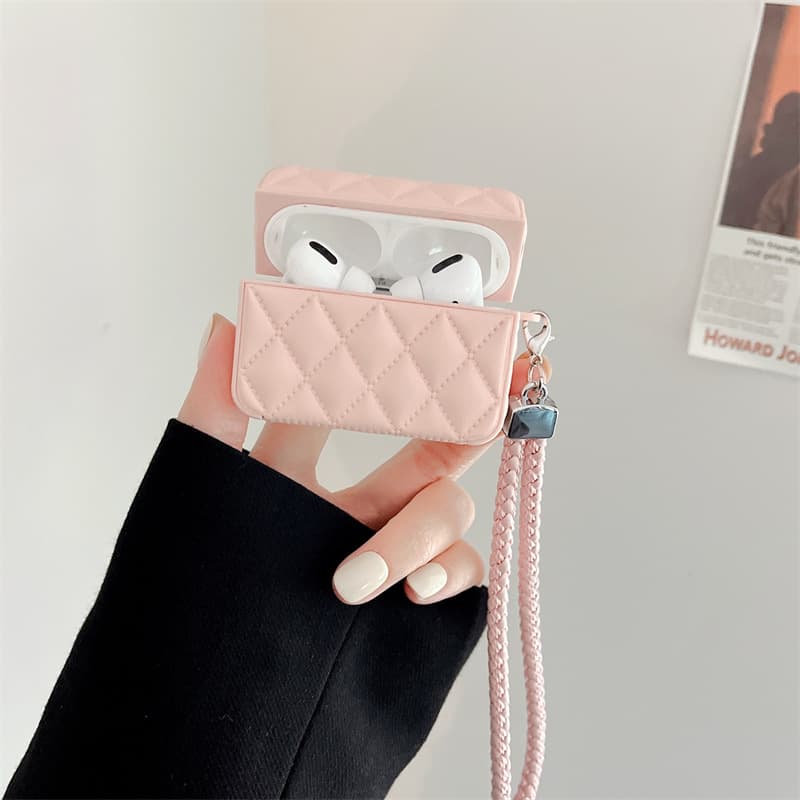 Airpodsケース キルティング風チェーン付きワイヤレスイヤホン保護ケース