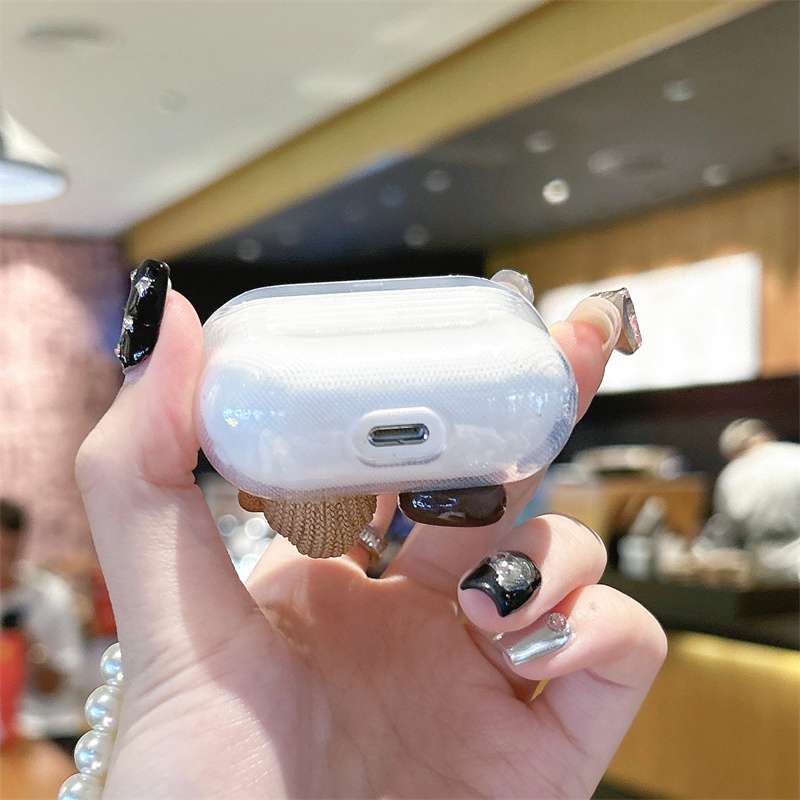 AirPodsproケース クマとミルクのパールストラップ付きイヤホンケース