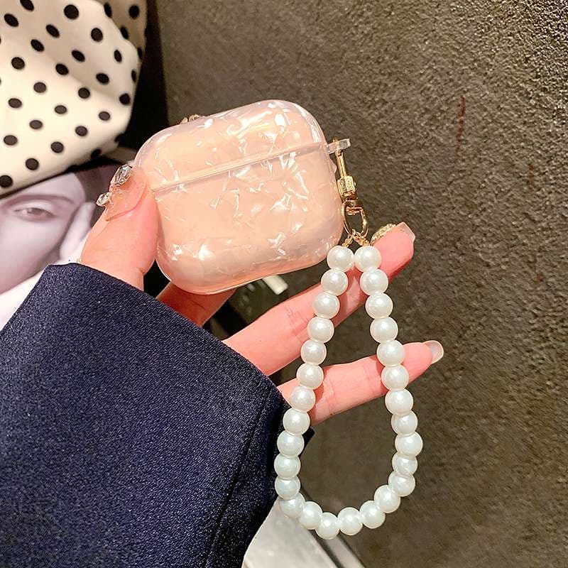 真珠風チャーム付き大理石模様AirPodsproケース